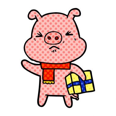 Noel hediyesi ile karikatür kızgın domuz