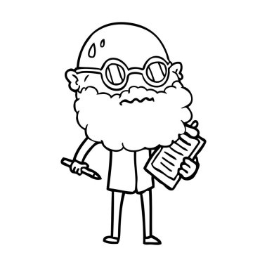 Sakal ve anket alarak güneş gözlüğü ile endişeli adam çizgi film