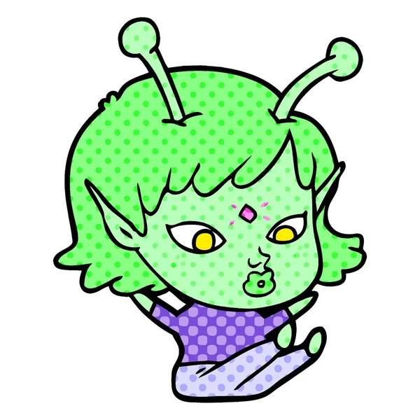 Pretty Cartoon Alien Girl Sitting — Stock Vector