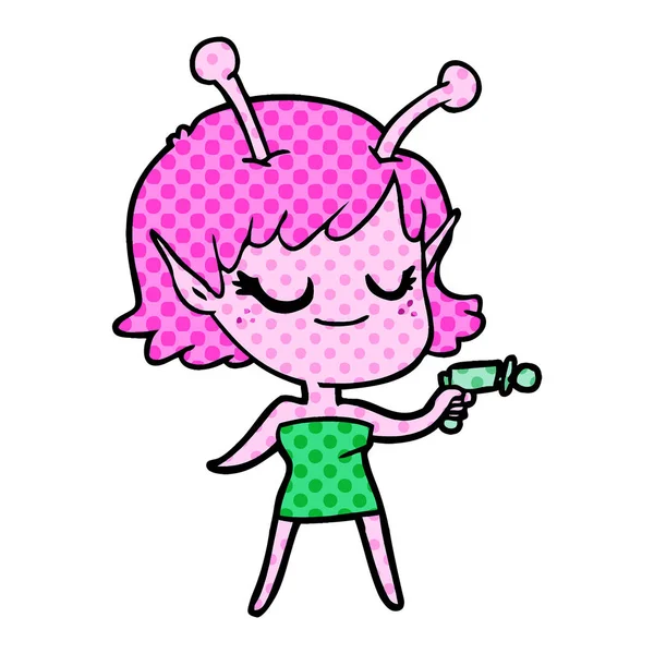 Smiling Alien Girl Cartoon Pointing Ray Gun — Stock Vector