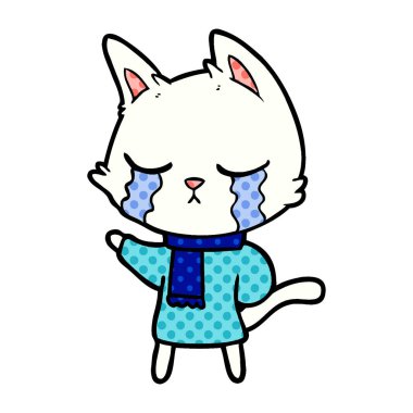 kış giysileri giyen ağlayan karikatür kedi