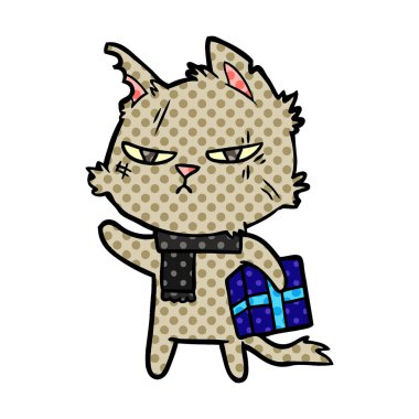 Noel hediyesi ile zor karikatür kedi