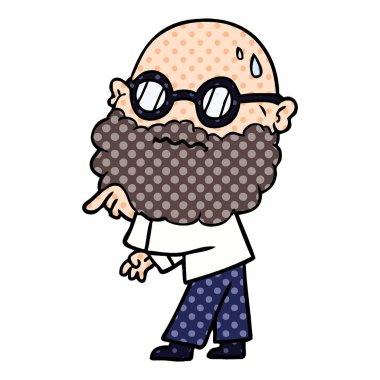 Sakal ve gözlük parmak işaret endişeli adam çizgi film