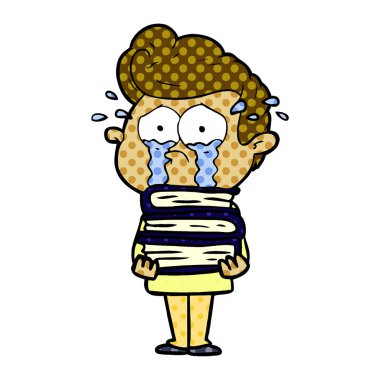 çizgi film ağlayan öğrenci kitap yığını ile