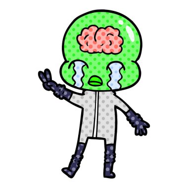 ağlama ve barış işareti veren karikatür büyük beyin uzaylı