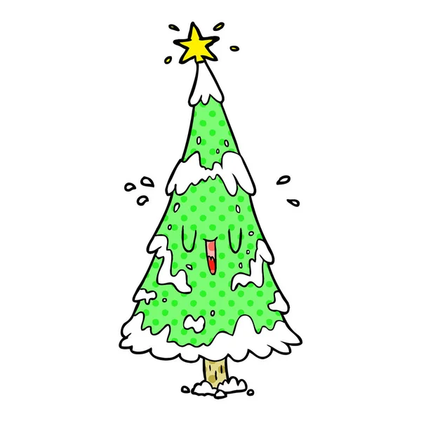 Dibujos Animados Árbol Navidad Nevado Con Cara Feliz — Vector de stock