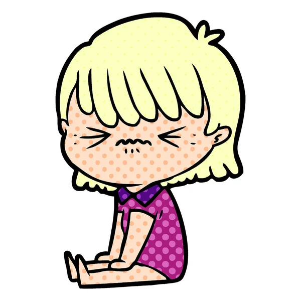 Naštvaný Karikatura Dívka Sedící — Stockový vektor
