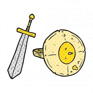 çizgi film eski gladyatör kalkanı ve kılıcı