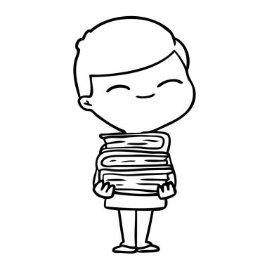 karikatür kitap yığını ile boy gülümseyerek