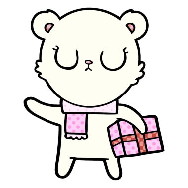 Noel hediye ile huzurlu karikatür kutup ayısı