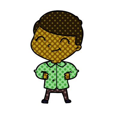 Kalçasında elleri olan çizgi film çocuğu.