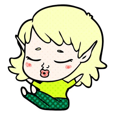 oturan güzel karikatür elf kızı