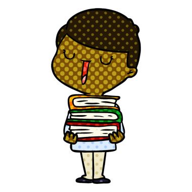 kitap yığını ile karikatür mutlu çocuk