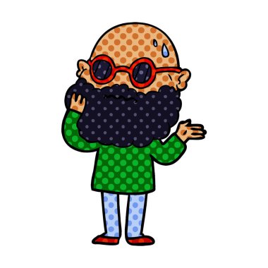 Sakal ve güneş gözlüğü ile endişeli adam çizgi film