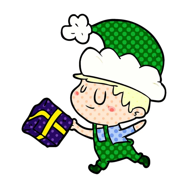 Cartoon Happy Christmas Elf Med Nuvarande — Stock vektor