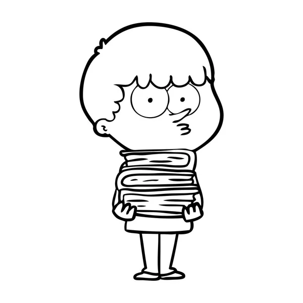 Cartoon Curious Boy Lots Books — Stock Vector