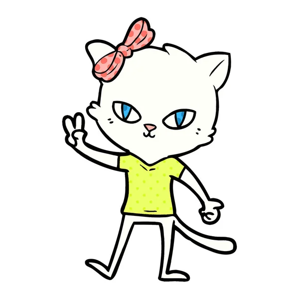 ピースサインを与えるかわいい漫画猫少女 — ストックベクタ