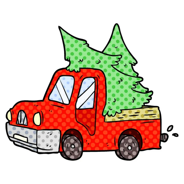 Cartone Animato Pick Camion Che Trasportano Alberi Natale — Vettoriale Stock