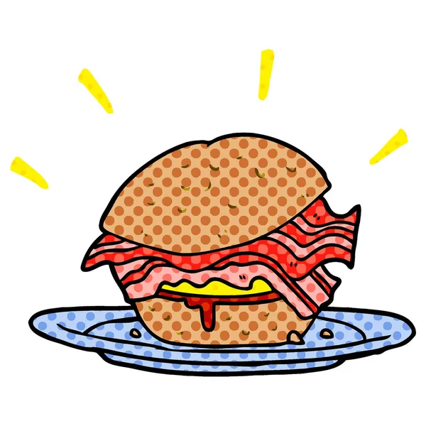 Cartoon Amazingly Tasty Bacon Breakfast Sandwich Cheese — Stock Vector