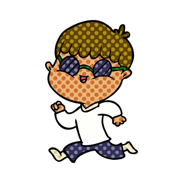 Kreslený Chlapec Nosí Sluneční Brýle Běží — Stockový vektor