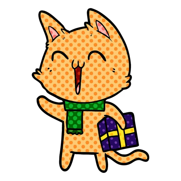 Noel hediye ile mutlu karikatür kedi