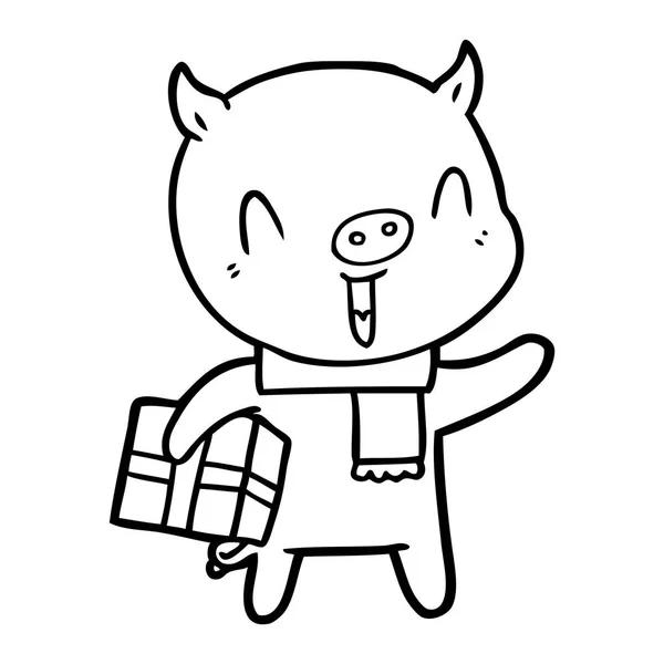Feliz Cerdo Dibujos Animados Con Regalo Navidad — Vector de stock