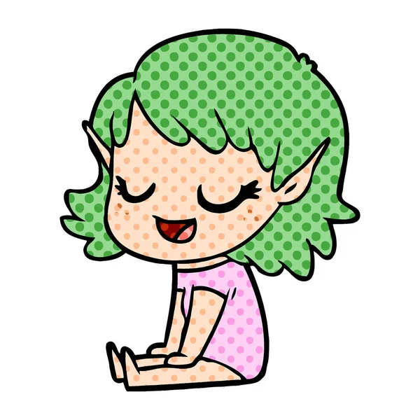 Happy Cartoon Elf Meisje Zittend Vloer — Stockvector