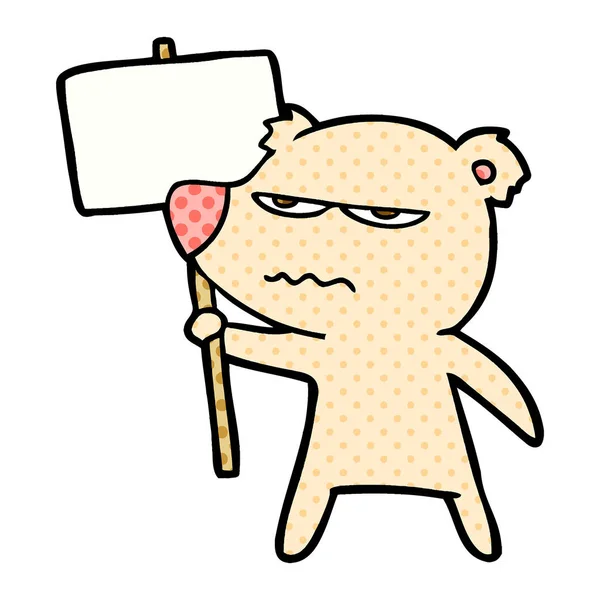 Arrabbiato Orso Cartone Animato Tenendo Cartello — Vettoriale Stock