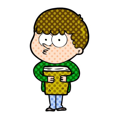 bir kitap tutan karikatür meraklı çocuk