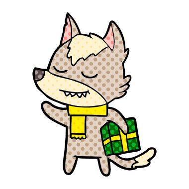 Noel hediyesi taşıyan dostu karikatür kurt