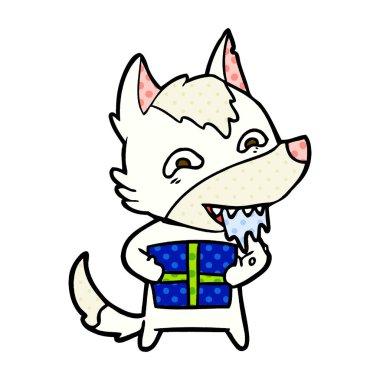 Noel hediyesi holding karikatür aç kurt