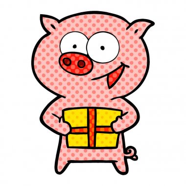 Noel hediye ile neşeli domuz