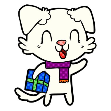 karikatür köpek Noel hediyesi ile gülüyor