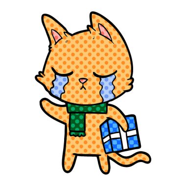 Noel hediyesi tutan ağlayan karikatür kedi