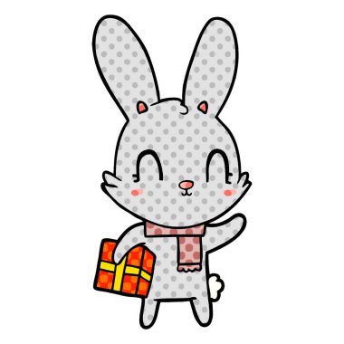 sevimli çizgi tavşan ile Noel hediyesi