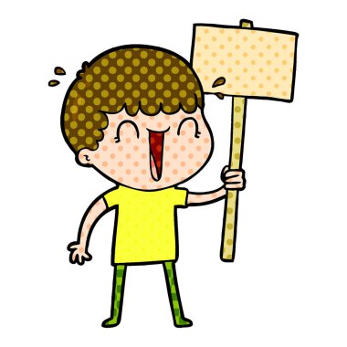 çizgi film adam sallama afişini gülüyor