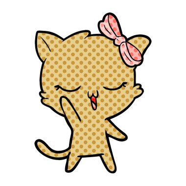 Karikatür kedi kafa sallayarak üzerinde yay ile