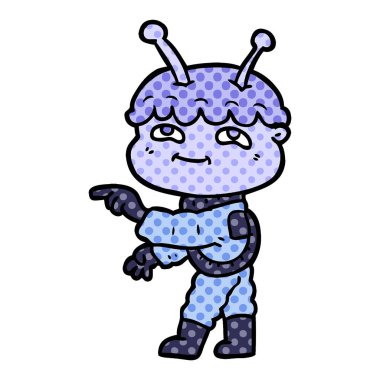 Dostu karikatür uzay adamı işaret