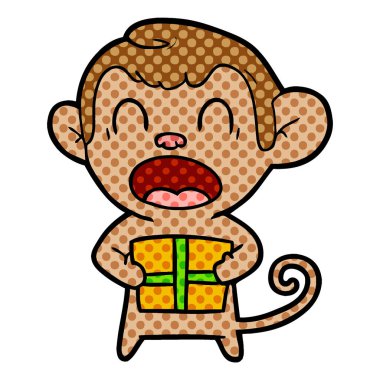 Noel hediyesi taşıyan karikatür maymun bağırarak