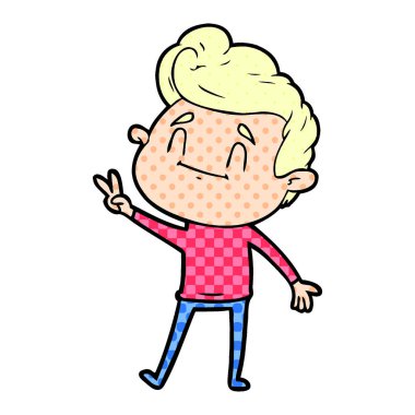 bir barış işareti veren mutlu çizgi film adam