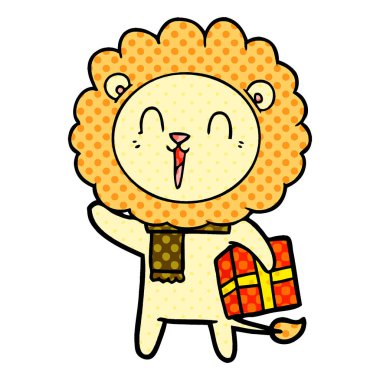 Aslan karikatür Noel hediyesi ile gülüyor