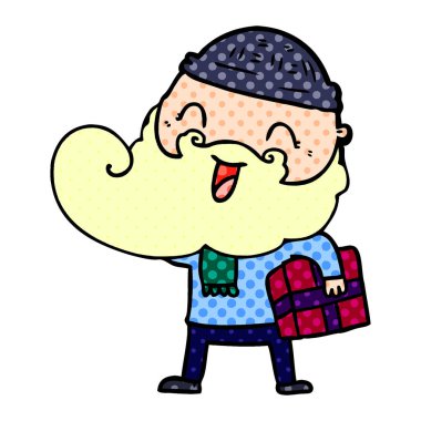 mutlu Noel hediyesi tutan adam sakallı