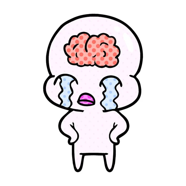 Cartoon Big Brain Alien Crying — Stock Vector