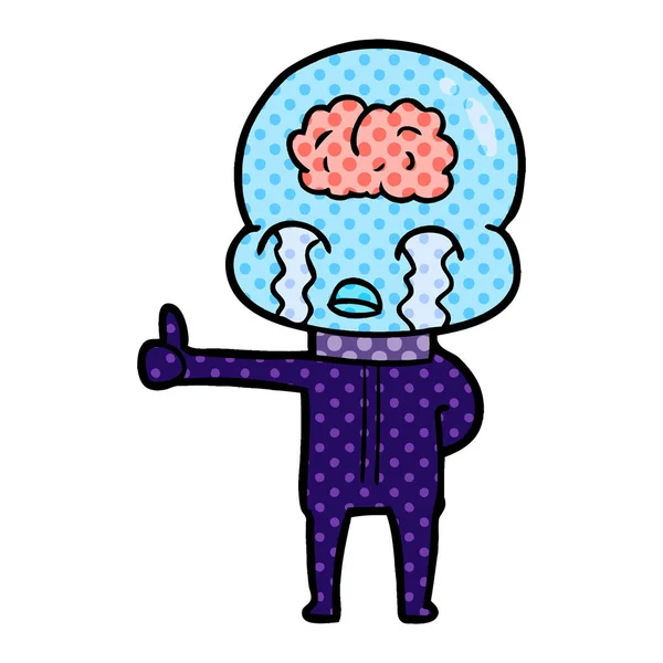 Cartone Animato Grande Cervello Alieno Piangendo Dando Pollici Simbolo — Vettoriale Stock