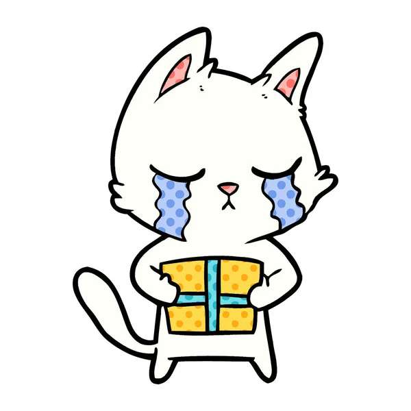 Weinende Cartoon Katze Mit Weihnachtsgeschenk — Stockvektor