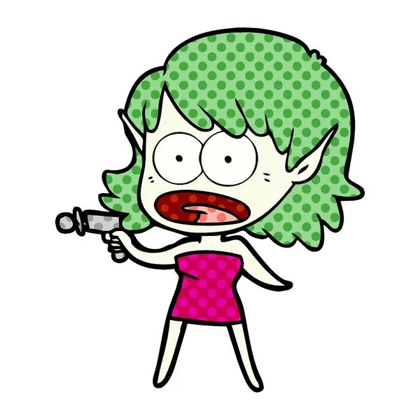 Cartoon Shocked Alien Girl Ray Gun — Stock Vector