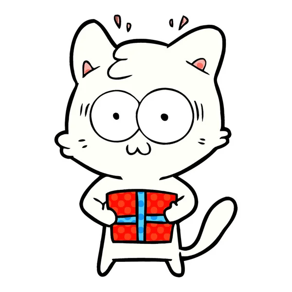 Cartone Animato Gatto Sorpreso Con Regalo Natale — Vettoriale Stock