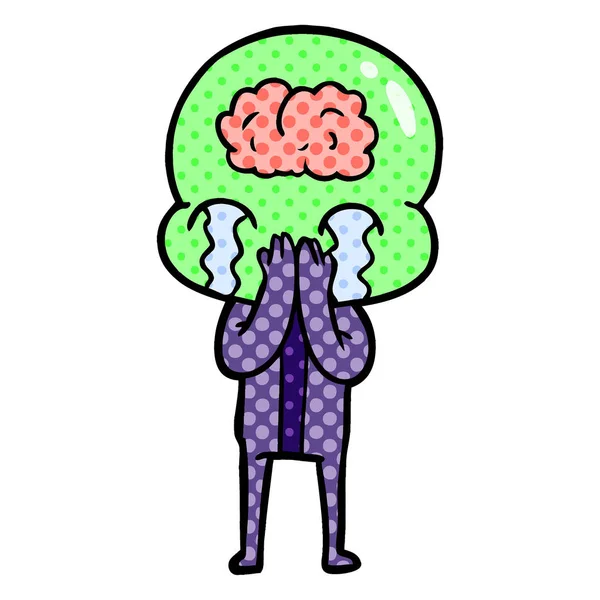 Cartoon Grote Hersenen Alien Huilen — Stockvector