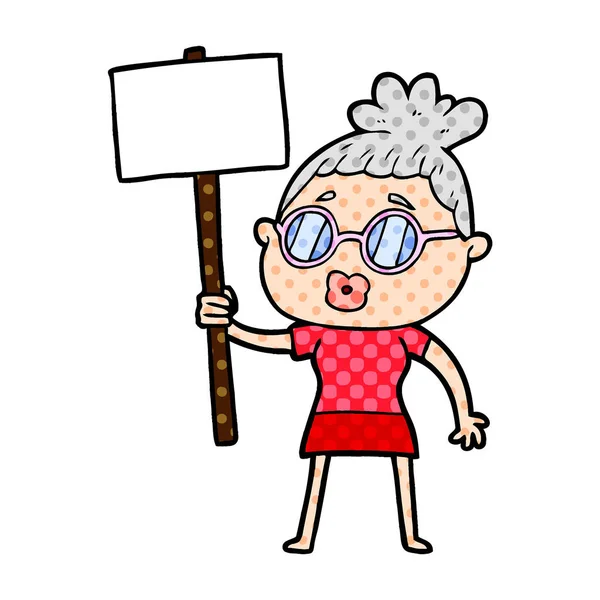Kreslený Protestující Žena Nosí Brýle — Stockový vektor