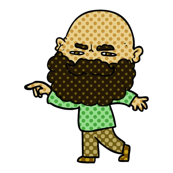 Hombre Dibujos Animados Con Barba Frunciendo Ceño Señalando — Archivo Imágenes Vectoriales